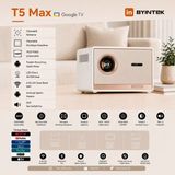 Byintek T5 Max Projeksiyon Cihazı, Lisanslı Google TV, Full HD 1080P, 1000 ANSI Lümen, HDR10, Otomatik Odaklama, Otomatik Trapez Düzeltme, Wi-Fi, Bluetooth 5.0, Sızdırmaz Optik Motor - Beyaz