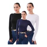 bykombincim Kadın BİSİKLET Yaka PARMAK Geçirmeli 3'LÜ Viskon Esnek Uzun Kollu Body
