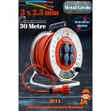 Bylionmakaralı Seyyar Kablo Kapaklı 4 Prizli Metal Uzatma Kablosu 3x2.5 mm Cca Kablo 30 Metre. - Turuncu - Siyah