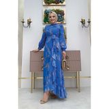 Bym Fashion 3842 Yaprak Desen Fırfır Detay Mavi Şifon Elbise