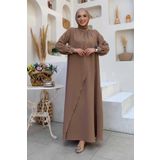 Bym Fashion Çapraz Parça Görünümlü İncili Elbise Vizon 3879