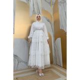 Bym Fashion Dantel Kat Kat Detaylı Kol Manşetleri Lastikli Kuşaklı Astarlı Elbise 3614 Ekru - 42