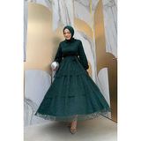 Bym Fashion Dantel Kat Kat Detaylı Kol Manşetleri Lastikli Kuşaklı Astarlı Elbise 3614 Zümrüt - 38
