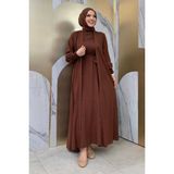 Bym Fashion Elbiseli Abaya Takım ŞAL HEDİYE 3883 Kahverengi - 40