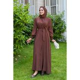 Bym Fashion Elbiseli Abaya Takım ŞAL HEDİYE 3883 Kahverengi - 44
