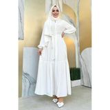 Bym Fashion Fermuarlı Kol Manşetleri Lastikli Fırfırlı Elbise 6001 Ekru - 46