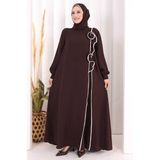 Bym Fashion Gül ve Şerit Detaylı Elbise Şal Hediyeli 6065 Kahverengi - 2