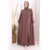 Bym Fashion Gül ve Şerit Detaylı Elbise Şal Hediyeli 6065 Vizon - 2
