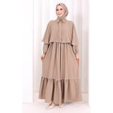 Bym Fashion Güpür Detay Pelerinli Elbise 6079 Vizon - 1