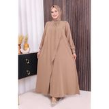 Bym Fashion İncili Kloş Elbise 3879 Vizon Çapraz Parça Görünümlü Trend Stil Uzun Kol - 42