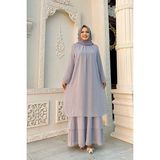 Bym Fashion Kat Kat Görünüm Kol Manşetleri Lastikli Şifon Elbise 3060 Gri - 48