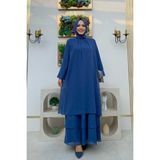 Bym Fashion Kat Kat Görünüm Kol Manşetleri Lastikli Şifon Elbise 3060 İndigo - 40