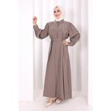 Bym Fashion Kemerli Kloş Elbise 7073 Vizon