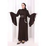 Bym Fashion Kol Fırfır Şerit Detaylı Şallı Elbise 6084 Kahverengi - 1