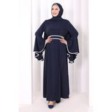 Bym Fashion Kol Fırfır Şerit Detaylı Şallı Elbise 6084 Lacivert - 2