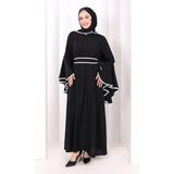 Bym Fashion Kol Fırfır Şerit Detaylı Şallı Elbise 6084 Siyah - 1
