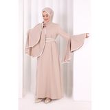 Bym Fashion Kol Fırfır Şerit Detaylı Şallı Elbise 6084 Vizon - 2