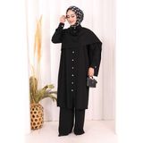 Bym Fashion Önü Şal Detaylı Tunik Pantolon Takım 8018 Siyah - 2