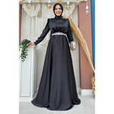 Bym Fashion Taşlı Kemer Akseuarlı Saten Abiye Elbise 3863 Siyah