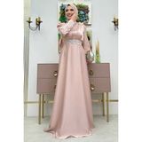 Bym Fashion Taşlı Kemer Akseuarlı Saten Abiye Elbise 3863 Taş - 42
