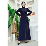 Bym Fashion Taşlı Krep Dantel Elbise 3870 Lacivert - 46