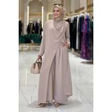 Bym Fashion Tek Omuz Gold Toka Detaylı Tunik Pantolon Takım 8698 Açık Vizon - 46