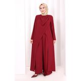 Bym Fashion Tek Omuz Gold Toka Detaylı Tunik Pantolon Takım 8698 Bordo - 48