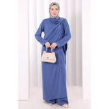 Bym Fashion Tek Omuz Gold Toka Detaylı Tunik Pantolon Takım 8698 Indigo - 46 - İndigo
