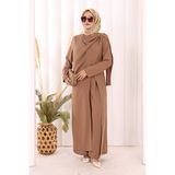 Bym Fashion Tek Omuz Gold Toka Detaylı Tunik Pantolon Takım 8698 Kahverengi - 40