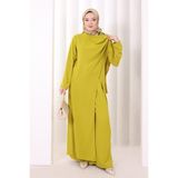 Bym Fashion Tek Omuz Gold Toka Detaylı Tunik Pantolon Takım 8698 Yağ Yeşili - 44