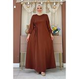 Bym Fashion Tek Tarafı Yandan Büzmeli Elbise 6017 Kahverengi - 46