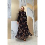Bym Fashion Yaprak Desen Fırfır Detay Şifon Elbise 3842 Siyah