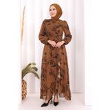 Bym Fashion Yaprak Desen Fırfır Detay Şifon Elbise 3842 Taba