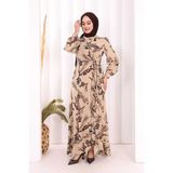 Bym Fashion Yaprak Desen Fırfır Detay Şifon Elbise 3842 Taş - 44