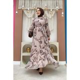 Bym Fashion Yaprak Desen Fırfır Detay Şifon Elbise 3842 Taş - 48