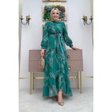Bym Fashion Yaprak Desen Fırfır Detay Şifon Elbise 3842 Zümrüt - 44