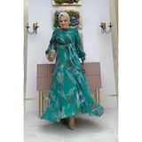 Bym Fashion Yaprak Desen Fırfır Detay Şifon Elbise 3842 Zümrüt - 46