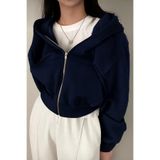 BYMEER Lacivert Fermuarlı Kapüşonlu Crop Sweatshirt Hırka