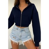 BYMEER Lacivert Kapşonlu Fermuarlı Crop Sweatshirt Hırka