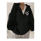 BYMEER Siyah Kalp Baskı Fermuarlı Kapşonlu Hırka Sweatshirt