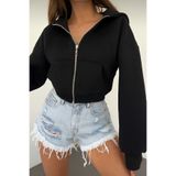 BYMEER Siyah Kapşonlu Fermuarlı Crop Sweatshirt Hırka