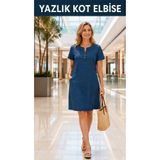 BYMIRA YAZLIK İNCE KOT ELBİSE – BÜYÜK BEDEN 42-60 | RAHAT KESİM, CEP DETAYLI, KISA KOL