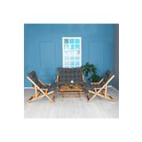 Bysay Ahşap Katlanabilir Puf Minderli Kollu Şezlong Plaj Balkon Bahçe Takımı 4 Lü Set (Antrasit)