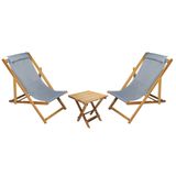 Bysay Ahşap Katlanabilir Taşınır Şezlong. Plaj, Bahçe, Teras, Balkon Şezlongu. 3 Lü Set (gri)