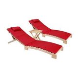 BYSAY AHŞAP KATLANABİLİR YATAR ŞEZLONG PLAJ YATAĞI MİNDER DAHİL 3 LÜ SET (NATUREL - KIRMIZI)
