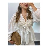 bysoca Kadın Ekru V Yaka Uzun Kollu Dantel Garni Detaylı Önden Bağlamalı Pinterest Peplum Bluz