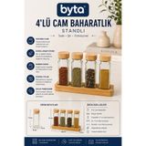 BYTA 4'lü Cam Baharatlık Seti Ahşap Standlı Bambu Kapaklı Kare Cam Baharat Kavanozu Mutfak Düzenleyici