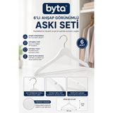 BYTA 6'lı Beyaz Ahşap Görünümlü Elbise Askısı Seti 44 cm Kaymaz Pantolon Çubuklu Kıyafet Askılığı