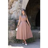 bytugcekaya Açık Kahve Halter Yaka Kemerli Kloş Elbise