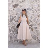 bytugcekaya Bej Halter Yaka Kemerli Kloş Elbise